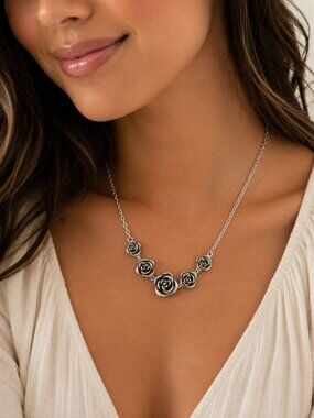 925 Sterling Silver Vintage Rose Flower Necklace Flower Chain Link Necklace